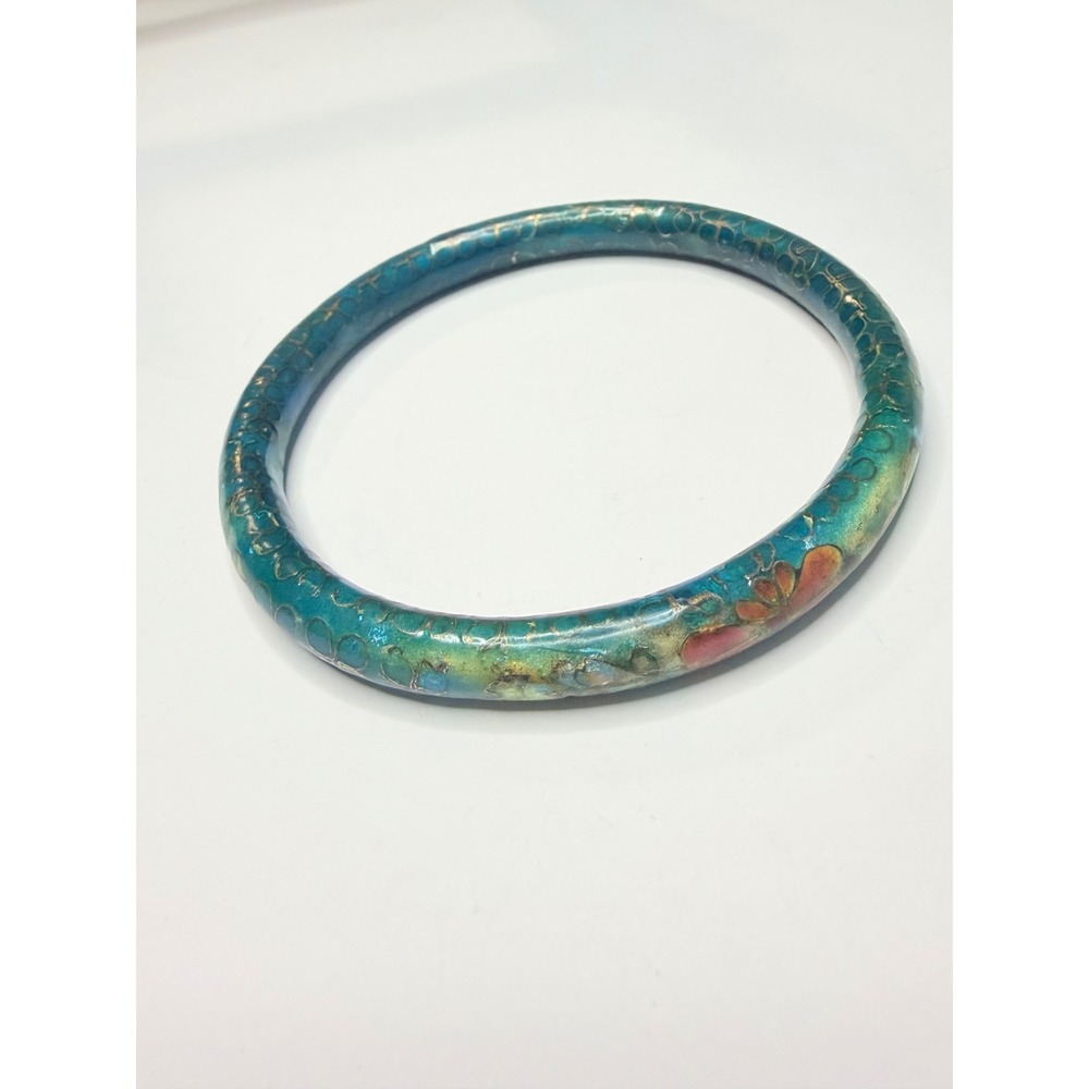 Vintage Cloisonné Enamel Bangle Bracelet Teal Blue Floral Design